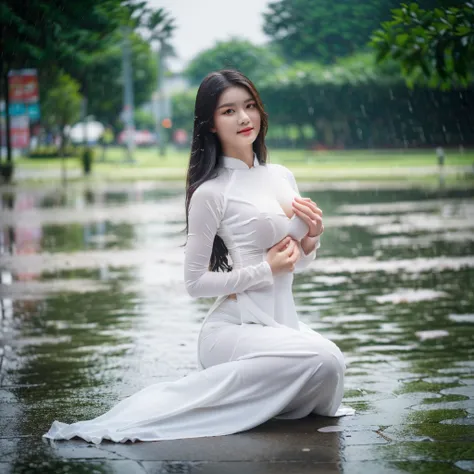 big breasts, round breasts, wearing bra inside ao dai, slim figure, beautiful figure, big breasts, long straight hair, ((sharp 8k quality photo)), ((details of beautiful, sharp face, face balanced) cho)), ((beautiful breasts, exposed cleavage, plump body),...