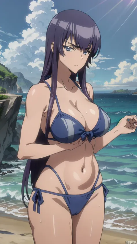 (((pixel-perfect, detail-perfect))), solo, 1girl,saeko busujima, v-shaped eyebrows,looking at the viewer, blue theme, blue background, cloudy sky, sunlight, sweat, orgasmic, bikini swimsuit, large breasts, cleavage, belly button exposed, collarbone, thighs...