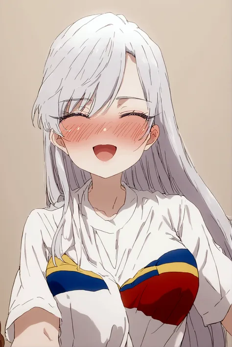 white hair girl (nano) wearing the ecuador shirt with the 3 colors yellow, blue and red in the center of the shirt the ecuad shi...