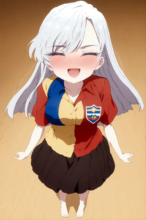 white hair girl (nano) wearing the Ecuador shirt with the 3 colors yellow, blue and red in the center of the shirt the Ecuad shield she is blushing and happy in full body 