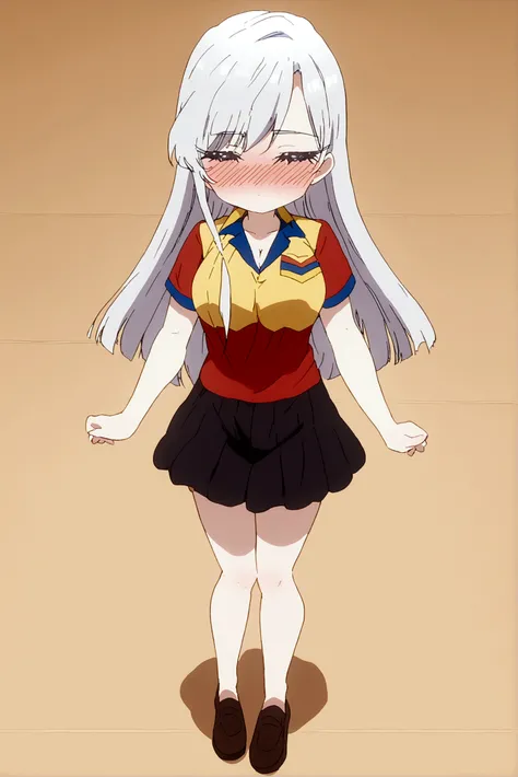 white hair girl (nano) wearing the Ecuador shirt with the 3 colors yellow, blue and red in the center of the shirt the Ecuad shield she is blushing and happy in full body 