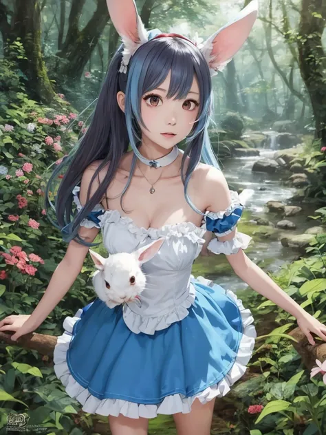 anime girl in a blue dress with long hair and rabbit ears, splash art anime , Magical Forest Maid, anime style 4k yen, anime! 4K, anime! 4k yen, anime art wallpaper 8 k, anime art wallpaper 4K, anime art wallpaper 4k yen, 4k yen manga wallpaper, Official a...