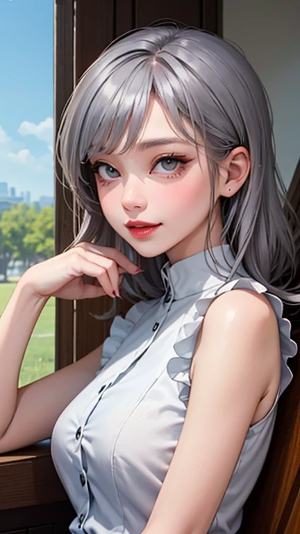 blush a little and smile, (Top quality masterpiece:1.2) Delicate illustrations, Very detailed, /Beautiful Japanese Women、1 person,Very cute and slim、Great style 、((8K images、super high quality))、Very delicate face, Skin and Hair、beautifule forehead、Red lip...