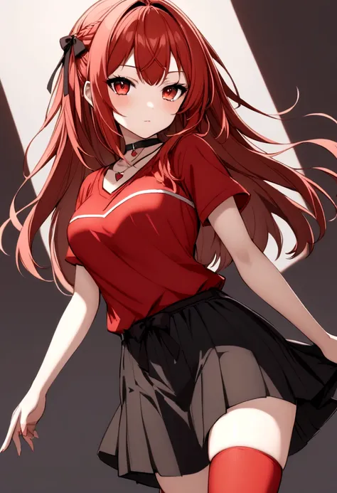 a girl with a black skirt ,small red shirt on top of is red stockings . red zip up hoodie, black shirt underneath with short sleeves and ,red hair, long hair and a flower with a ribbon on the bottom on the side on the hair and red eyes has a black Choker ,...