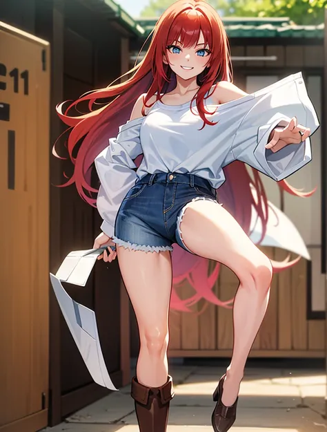 18 year old young girl, long haired redhead with blue eyes, Short white off-the-shoulder shirt, short blue denim shorts, SMILE, smiling, short brown boots with white, Kick al aire, Kick, soltando una Kick