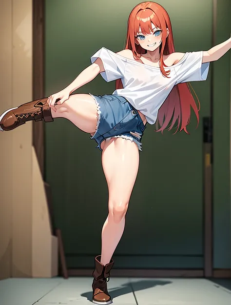 18 year old young girl, long haired redhead with blue eyes, Short white off-the-shoulder shirt, short blue denim shorts, SMILE, smiling, short brown boots with white, Kick al aire, Kick, soltando una Kick