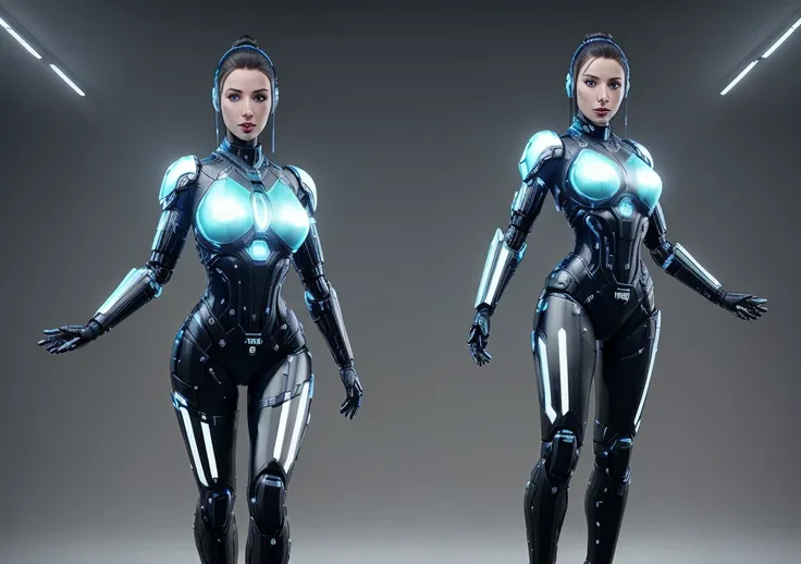 ```
Positive prompt: "Create a full-body image of a futuristic female cyborg with an elegant and sophisticated design. She is an adult woman, exuding both strength and grace. Her overall appearance should blend advanced technology with human-like features....