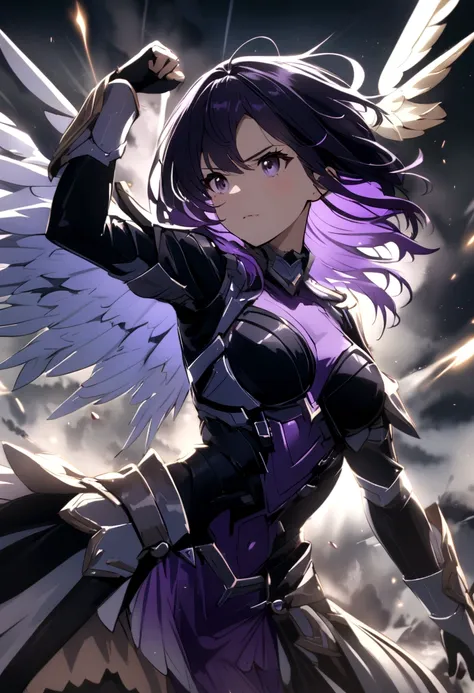 generate me a girl with purple hair with black hair and let her be an angel in battle