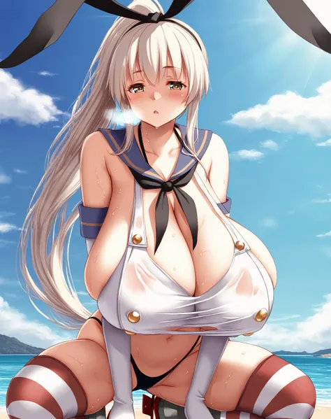 (nsfw,)(atago (kancolle),gigantic breast,ponytail hair,hairbow),((solo girl)),((Perfect body,))((Super beautiful,))((High quality,))((Heavy breathing,sweat, Sweaty and wet all over,)),blush,backlit,shiny glossy,gigantic breast, Looking at Viewer,((Beach si...