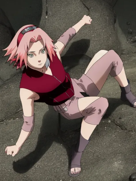 whole body, sakura shippuden, sakura haruno, naked, alone, 1 girl, shaved armpits, arm behind head, focus on armpit, green eyes