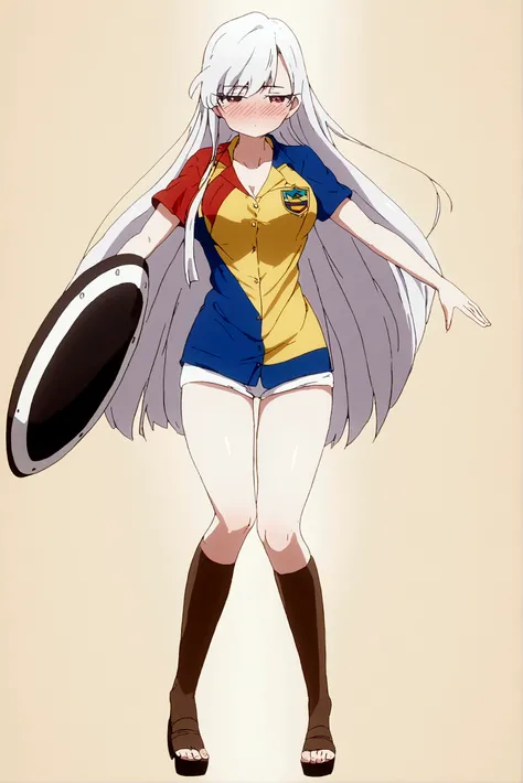 white hair girl (nano) wearing the Ecuador shirt with the 3 colors yellow, blue and red in the center of the shirt the Ecuad shield she is blushing and happy in full body she is very sexy 