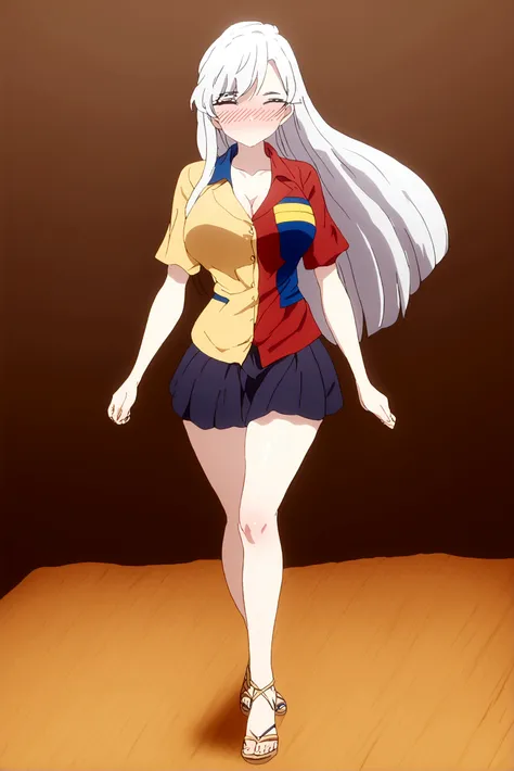 white hair girl (nano) wearing the Ecuador shirt with the 3 colors yellow, blue and red in the center of the shirt the Ecuad shield she is blushing and happy in full body she is very sexy 