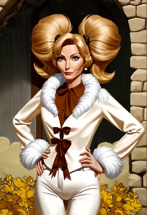 wilma flintstone (gates mcfadden, age 30, twintails, bone in hair, fur 2 piece outfit, casual pose hands on hip, slightly annoye...