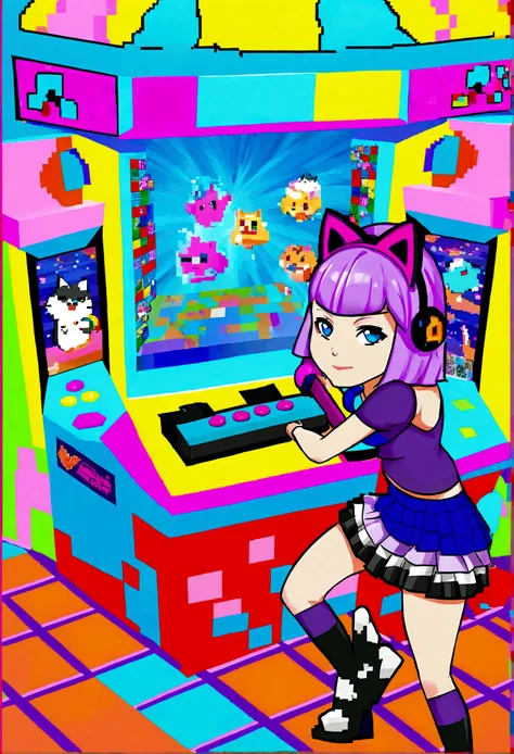 twitch gamer (woman, 22, tight top, miniskirt, blaster rifle (comical oversized arcade style)) surrounded by cute cat-themed gad...