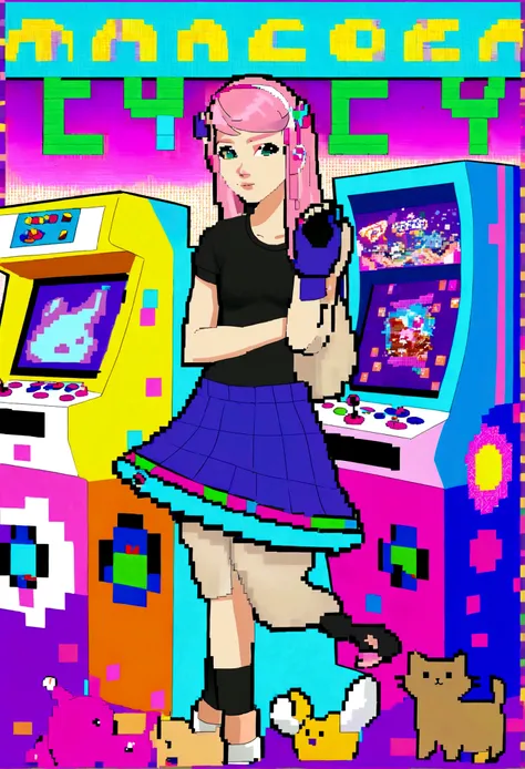 Twitch gamer (woman, 22, tight top, miniskirt, blaster rifle (comical oversized arcade style)) surrounded by cute cat-themed gadgets in a candy-colored, playful arcade wonderland