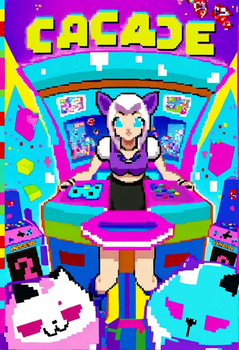 twitch gamer (woman, 22, tight top, miniskirt, blaster rifle (comical oversized arcade style)) surrounded by cute cat-themed gad...