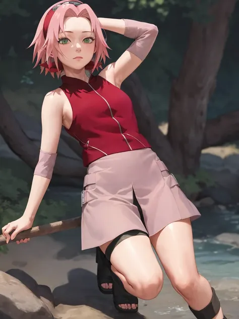 whole body, sakura shippuden, sakura haruno, naked, alone, 1 girl, shaved armpits, arm behind head, focus on armpit, green eyes