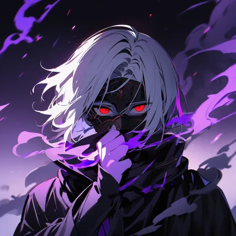 A boy with fair skin color, red eyes and short white hair with bangs covering his forehead. He wears a black mask that covers his mouth. The background is black with smoke and purple lights.