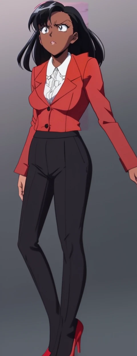 EVIL BLACK BUSINESS WOMAN WEARING A BLOUSE WITH A RED SKIRT SUIT 90s ANIME ARTSTYLE WITH RED HEELS FULL BODY