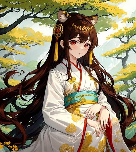 ((최고의 품질)), ((걸작)), (상세한), 여자 1명, brown color hair , black highlights hair , Long and wavy flowing freely hair ,tiger ears on top of the head , red eyes , Calm and gentle eyes , Fair complexion skin , Traditional Korean hanbok , Cream-colored with intricat...