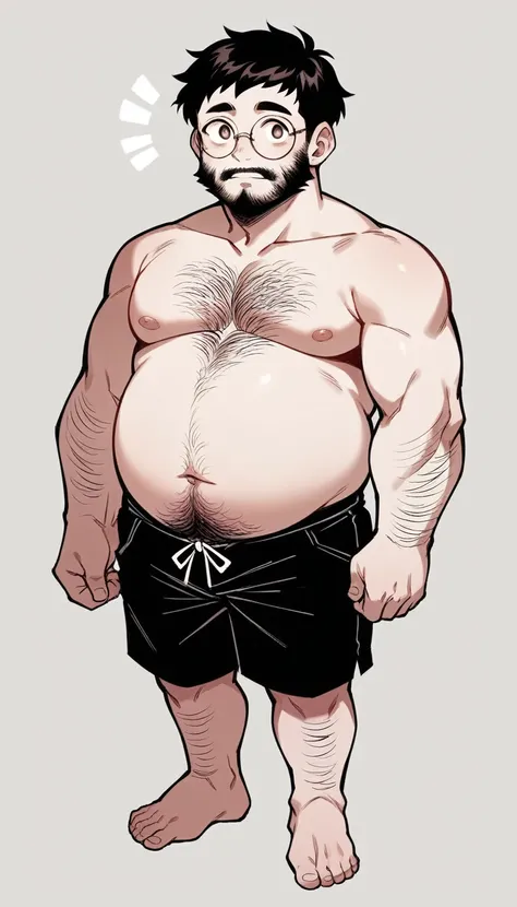 A cute fat man, with charming big eyes, short hair, big round face, round face, short double chin, beard, very hairy chest, black round-rimmed glasses, very developed chest, fat belly, bare upper body, standing on Rainbow Island, black shorts, bare feet, s...