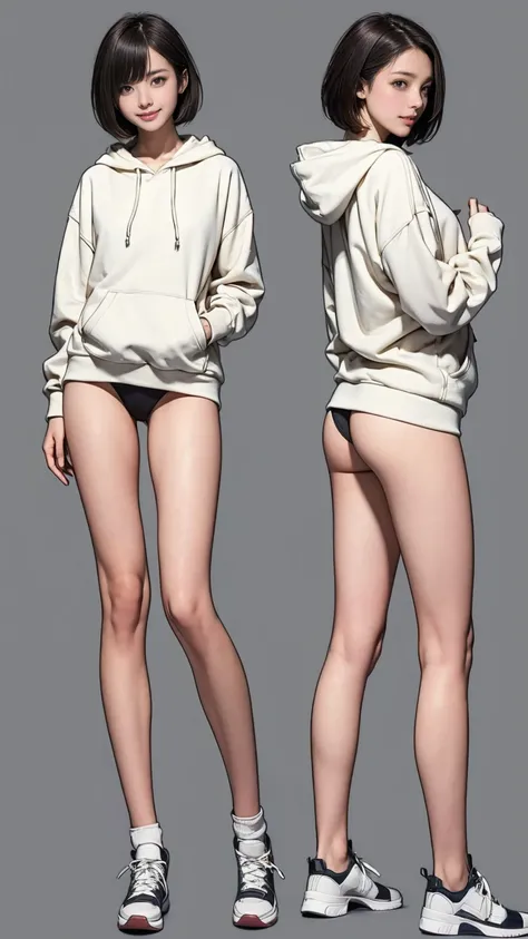 ((masterpiece)),(((Highest quality))),((Character design sheet)), Thin thighs,Long legs,18 year old Japanese girl, Cute type,The best smile:1.5，white long hoodie:1.5, Black panties in full view 1.5，Very short hair ,  (Highly detailed skin), The background ...