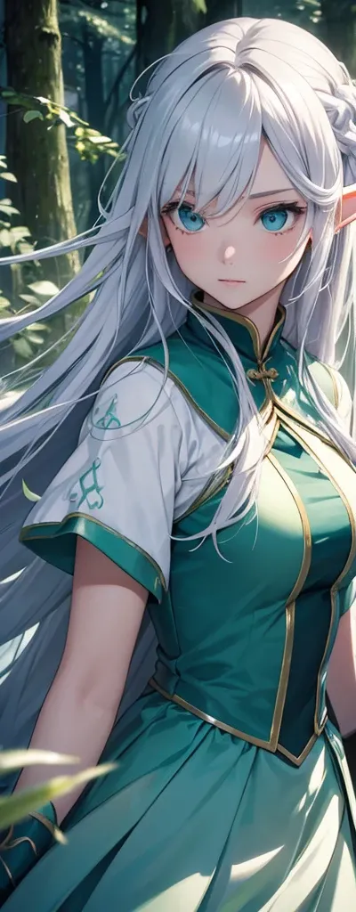 Elf　Very beautiful dress　Light　Silver Hair Girl　high and cold expression　Green Forest　magic　masterpiece超高清牛仔镜头 明亮的画面,暖色Light,神圣的Elf,Around 20 years old,Floating in the air,Top quality,Top image quality,masterpiece,Exquisite facial details