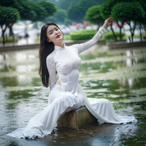 big breasts, round breasts, wearing bra inside ao dai, slim figure, beautiful figure, big breasts, long straight hair, ((sharp 8k quality photo)), ((details of beautiful, sharp face, face balanced) cho)), ((beautiful breasts, exposed cleavage, plump body),...