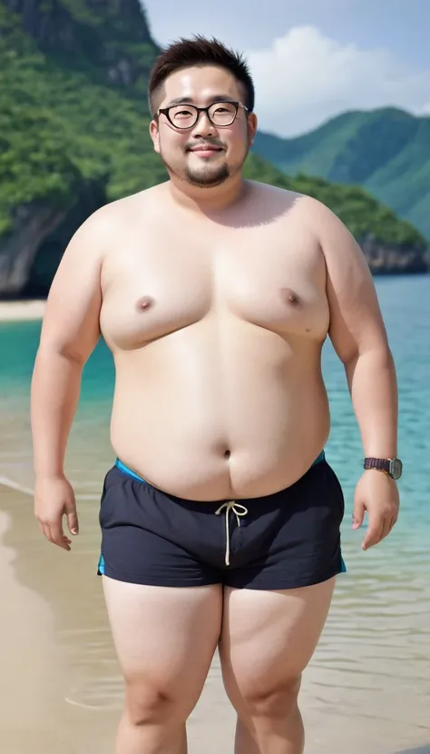 A cute fat man, with charming big eyes, short hair, big round face, round face, short double chin, beard, very hairy chest, black round-rimmed glasses, very developed chest, fat belly, bare upper body, standing on Rainbow Island, black shorts, bare feet, s...