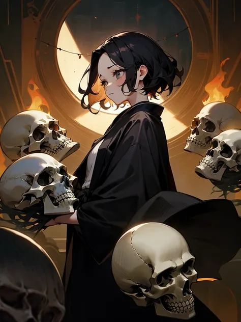 sideview,独奏,upperbody,Adult women、Pride is high、Eyelashes、black short wavy hair,big forehead,Sad expressionless、All-black robe、Round skull shield、Decadent、