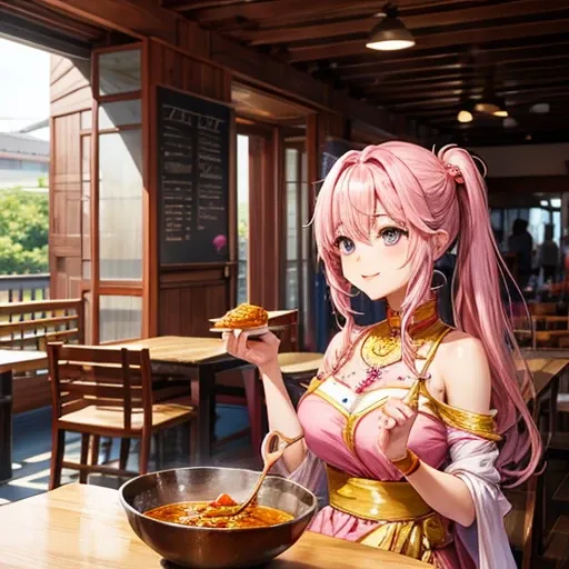 Pink-haired goddess eating curry　Indian traditional clothing　Isekai Cafeteria　ナンがある