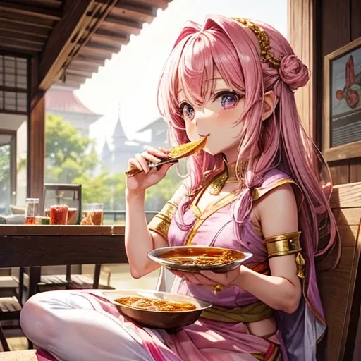 Pink-haired goddess eating curry　Indian traditional clothing　Isekai Cafeteria　ナンがある