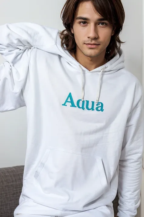 with.Handsome man wearing a white hoodie with the name Aquarius written on it