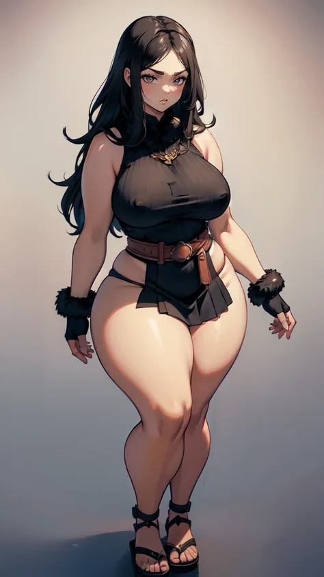 (masterpiece), best quality, female warrior, dark fantasy, huge girl, female muscular:1.2, straight hair, black hair, (curvy:1.7), ((thick thighs:1.4)), (((blank background))), ((full body)), fingerless gloves, sandals, sleeveless, covered nipples, (straig...