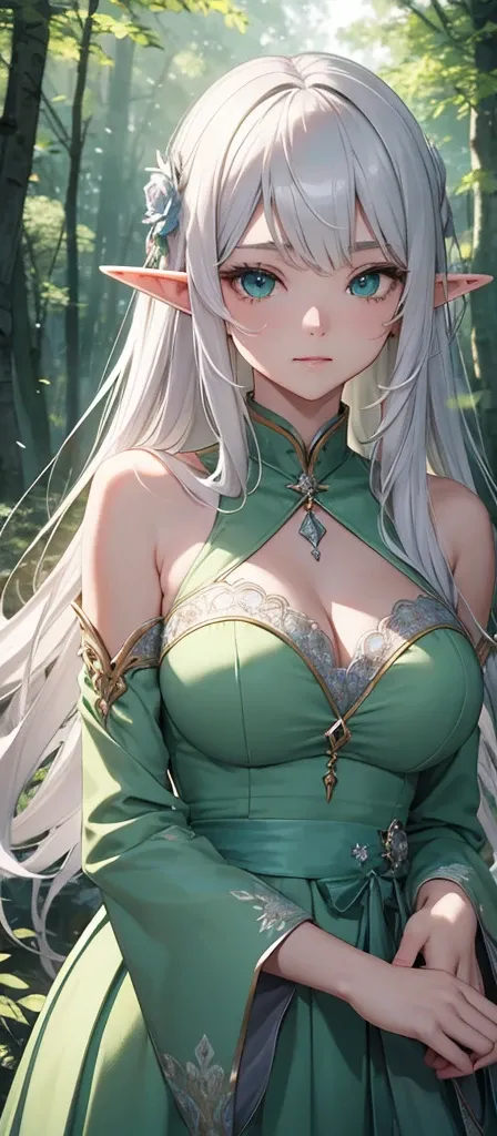 Elf　Very beautiful dress　Light　Silver Hair Girl　high and cold expression　Green Forest　magic　masterpiece超高清牛仔镜头 明亮的画面,神圣的Elf,Around 20 years old,Floating in the air,Top quality,Top image quality,masterpiece,Exquisite facial details