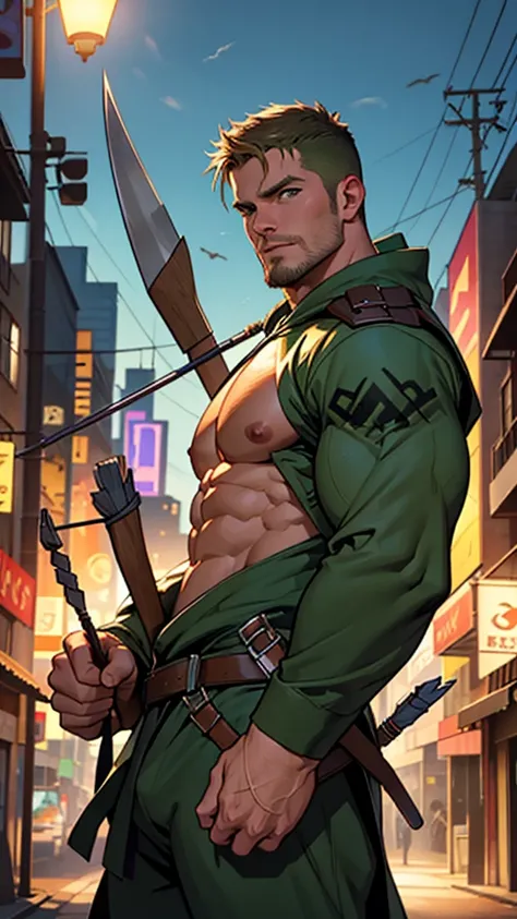 NSFW,8k, high quality , detailed face , detailed fingers ,detailed muscles  stephen amell as green arrow , wearing dark green outfit   , showing a dark blond short hair , a thick facial hair , hard nipples, a bulge ,hunk and handsome, shooting  his  arrows...