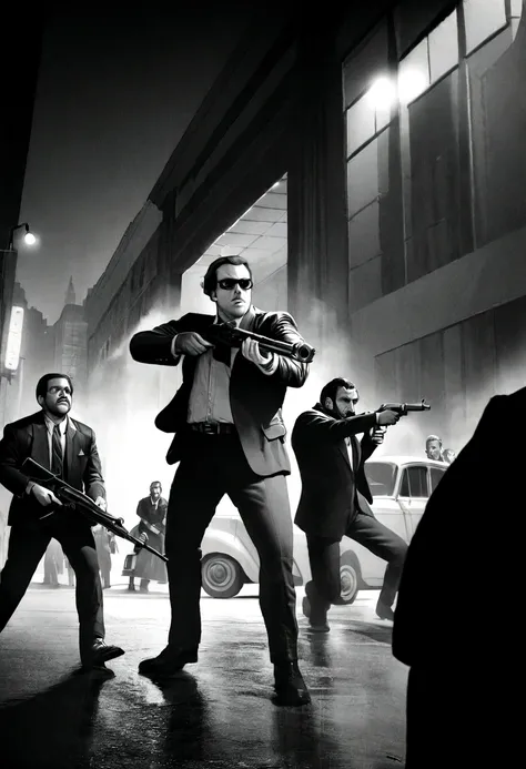 Cinematic image, realism, bank robbery, team of five men armed with Thompson submachine guns, car, 70s, large building, robbery of the Central Bank of Chicago, the mint or central bank, explosive scenery, gunfight, monochrome.