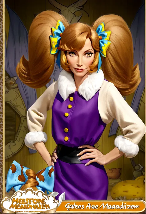 wilma flintstone (gates mcfadden, age 30, twintails, bone in hair, fur 2 piece outfit, casual pose hands on hip, slightly annoye...