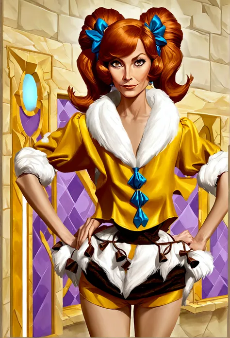 wilma flintstone (gates mcfadden, age 30, twintails, bone in hair, fur 2 piece outfit, casual pose hands on hip, slightly annoye...