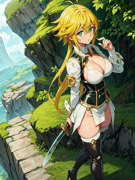 Meliodas in female version with big breasts, thigh length skirt, latex thigh high stockings, katana, possession of skin, White shirt, black vest with white, green eyes, heels, blond hair. 