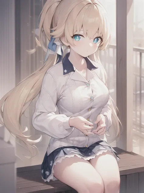 blond, long hair, ponytail, (blue eyes:1.5), (medium breast:1.2),
rest miniskirt, skirt, white shirt， seto fuku,low-cut，cleveage...