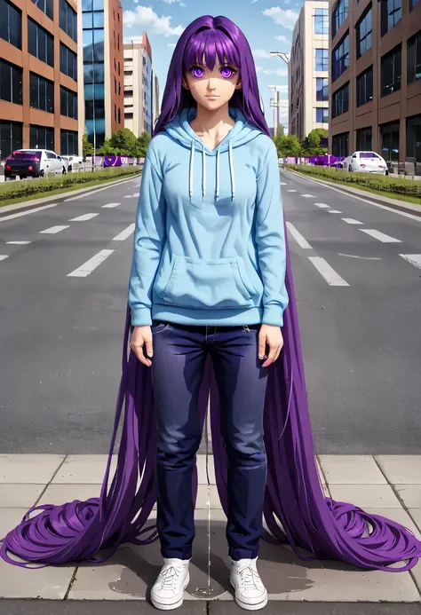 (masterpiece:1.37), best quality, (extremely detailed:1.37) woman, (adult:1.5), (very long hair:1.5), dark purple hair, purple eyes, (extremely detailed eyes:1.37), breasts, hoodie, jeans, (wetting:2.0), standing straight, full body day, daytime, glow, fac...