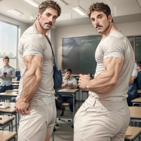 muscular 40 year old male professor, wearing only white underwear in front of a classroom full of students looking and pointing ...