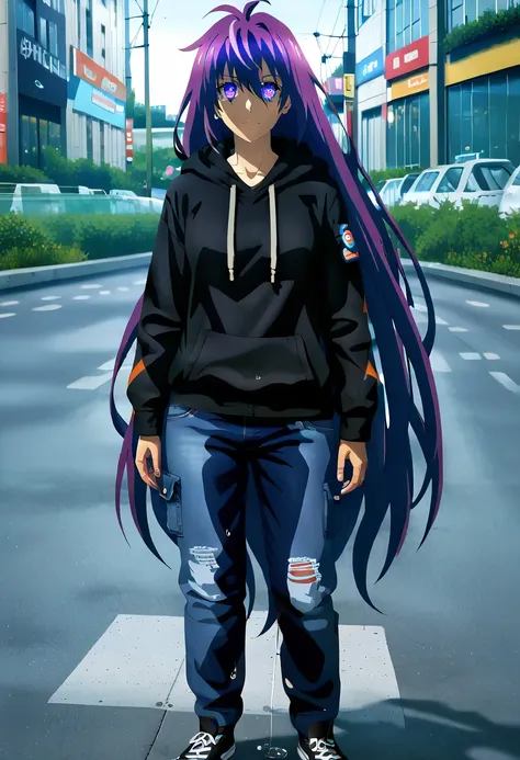 (masterpiece:1.37), best quality, (extremely detailed:1.37) woman, (adult:1.5), (very long hair:1.5), dark purple hair, purple eyes, (extremely detailed eyes:1.37), breasts, hoodie, jeans, (wetting:2.0), standing straight, full body day, daytime, glow, fac...