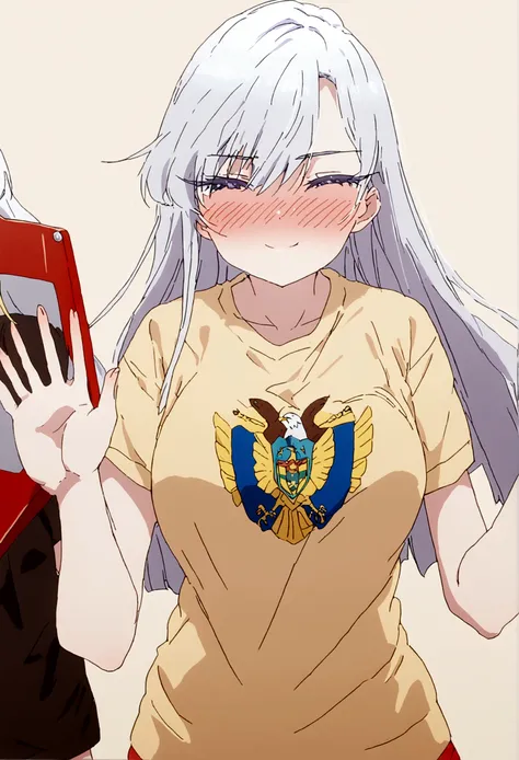 white hair girl (nano) wearing a t-shirt with the colors yellow blue and red with the shield of ecuador in the center she is blu...