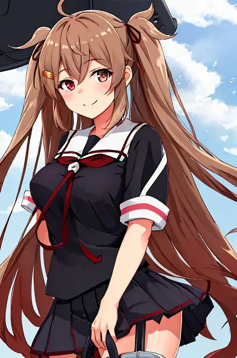 Highest quality, masterpiece, High resolution, alone, (村雨改two_Kantai Collection), length_hair, Light_brown_hair, brown_eye, red_eye, ribbon, smile, Seraphim, hair_ribbon, black_Seraphim ツインテール, two_~ ~ side_Excellent, hair_flap, hair_ornament, 1 Girl, Scho...