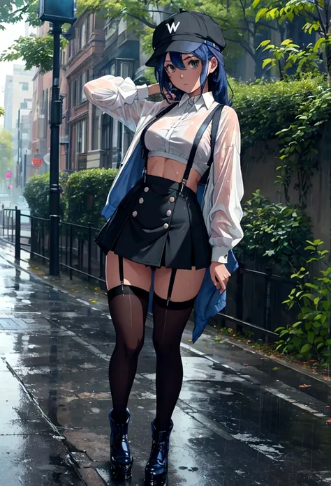 rainy day, on the street of the day. beautiful woman walking, wet clothes, (showing through white shirts:1.1), short skirt, blac...