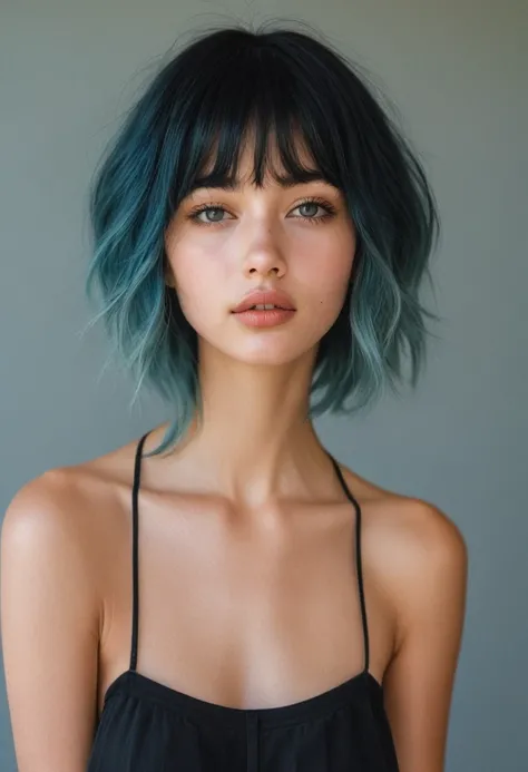 a 20yo american woman with short blue hair,black camisole,black halter top,big breast,realistic color palette,soft-focused realism,blue hair,short hair,blunt bangs,up half of body