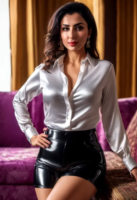 40-year-old arabic woman Sexy Tight white satin shirt Black latex shorts Smirk Living room