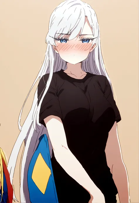 white hair girl (nano) wearing a t-shirt with the colors yellow blue and red with the shield of Ecuador in the center she is blushing and happy wearing the t-shirt she is very sexy because of her sports suit